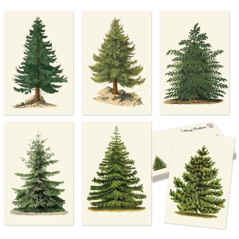 Whaline 36Pcs Christmas Postcard Vintage Xmas Tree Post Card 6 Designs Green Beige Greeting Card for Winter Party Supplies, 4 x 6 Inch - Image 1